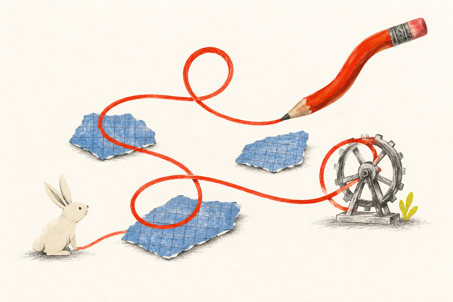 An illustrated red pencil loops through graph-paper pieces, with a curious little rabbit nearby.